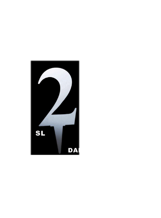 Silver mirror acrylic cake topper shaped as the number 2 with a pointed stake base.