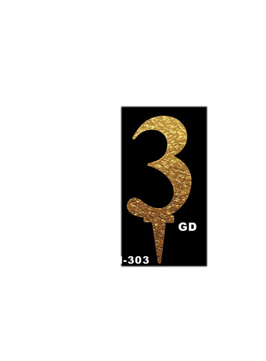 Gold mirror acrylic number 3 cake topper with a pointed stake for insertion.