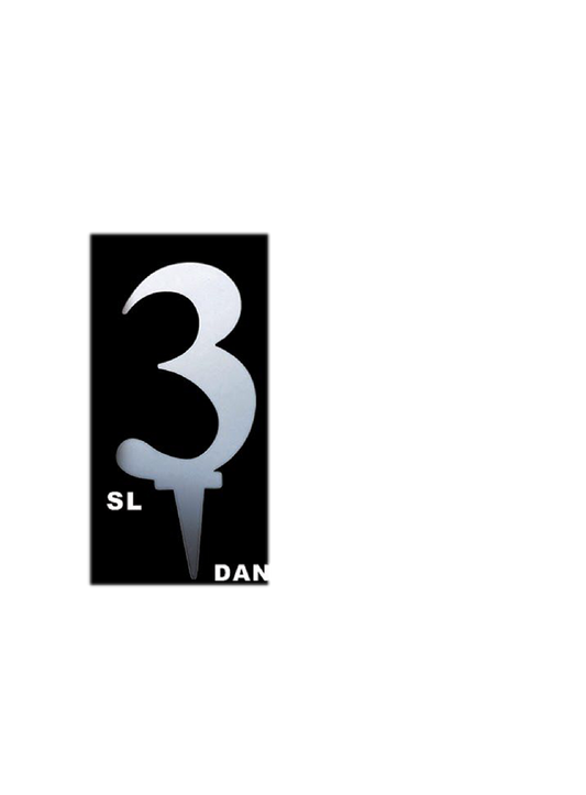 Silver mirror acrylic cake topper shaped as the number 3 with a pointed stake for insertion.