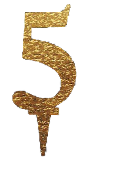 Gold mirror acrylic cake topper shaped as the number 5 with a pointed stake for inserting into cakes.