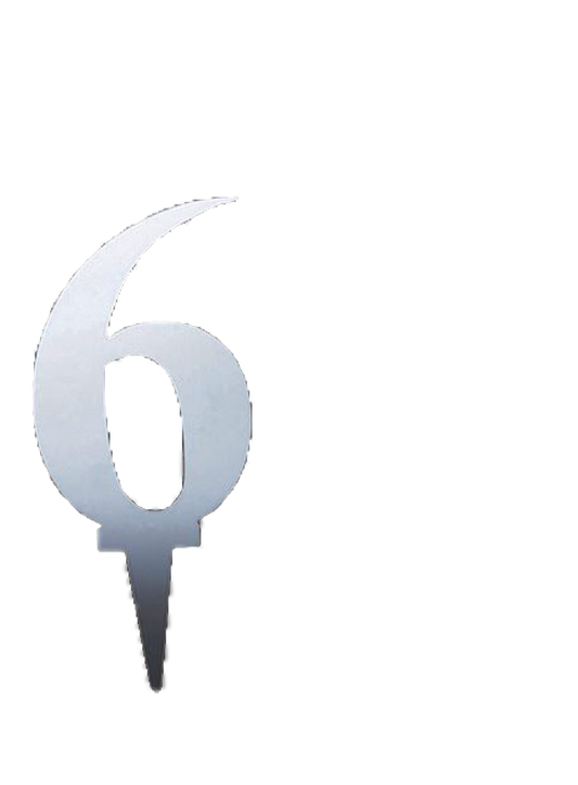 Silver mirror acrylic cake topper shaped as the number 6 with a pointed stake base.