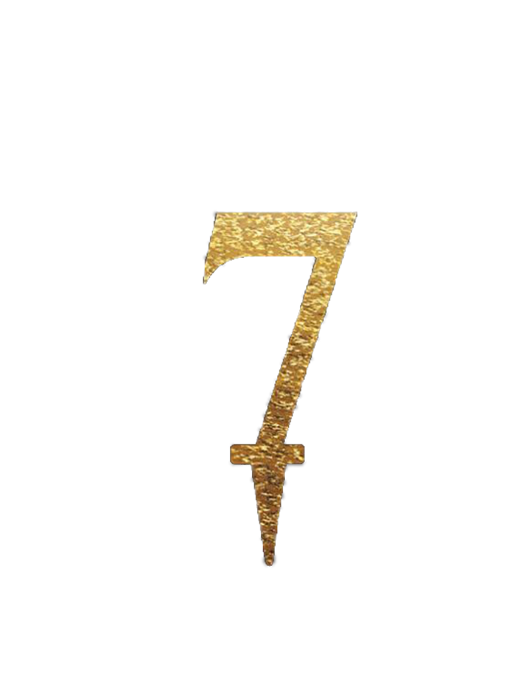 Gold mirror acrylic cake topper shaped as the number 7 with a pointed stake for inserting into cake.