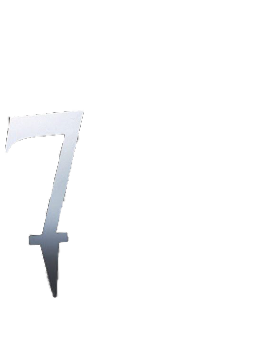 Silver mirror acrylic number 7 cake topper with pointed stake for insertion.