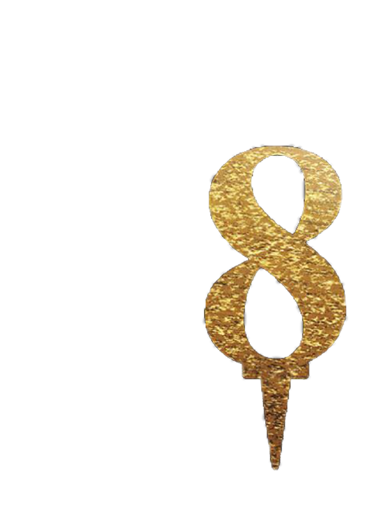 Gold mirror acrylic cake topper shaped like the number 8 with a pointed stake base.