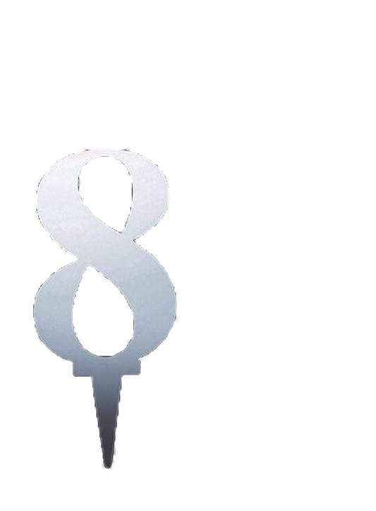 Silver mirror acrylic cake topper shaped as the number 8 with a pointed stake for insertion.