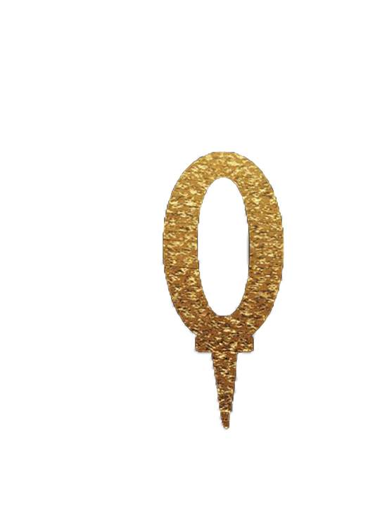 Gold mirror acrylic cake topper in the shape of the number zero with pointed stake.