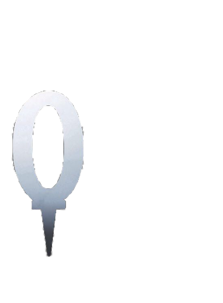 Silver mirror acrylic cake topper shaped as the number zero with a pointed stake base.