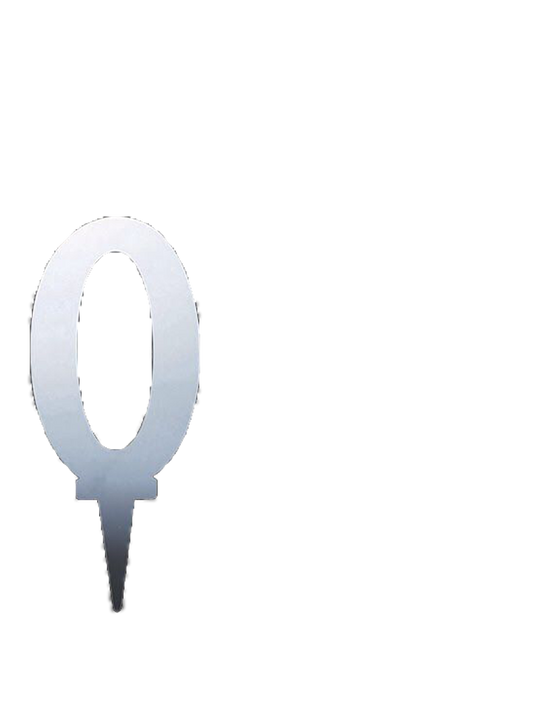 Silver mirror acrylic cake topper shaped as the number zero with a pointed stake base.