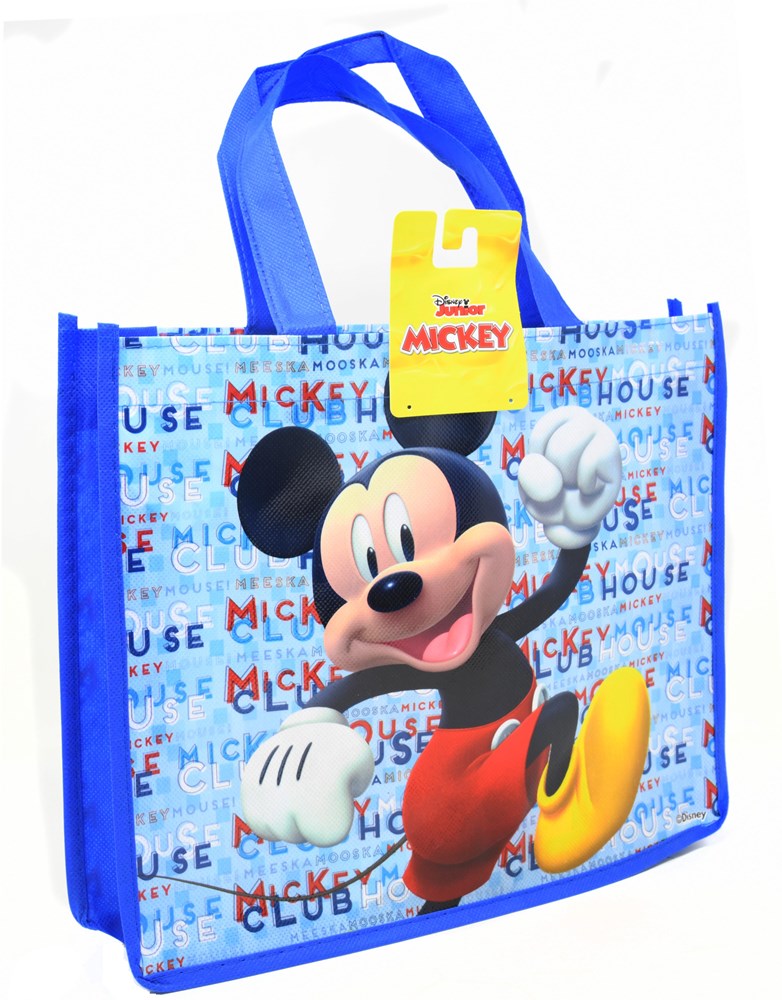 Blue non-woven tote bag with blue handles featuring large Mickey Mouse graphic and repeated "Mickey Mouse Clubhouse" text.