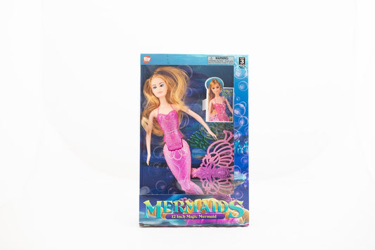 12-inch mermaid doll with long blonde hair, pink tail, and purple seashell top in colorful box packaging.