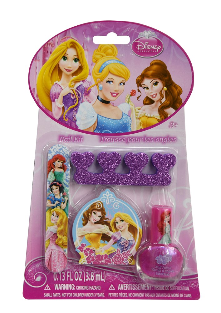 Disney Princess nail kit with pink glitter nail polish, purple toe separators, and princess-themed packaging featuring.