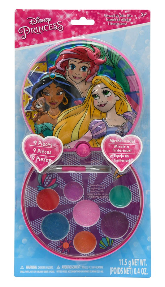 Round compact with colorful lip gloss shades, pink casing, and Disney princesses Ariel, Jasmine, and Rapunzel on the lid.