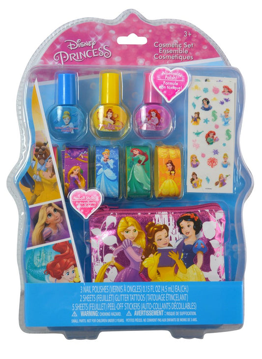 Clamshell pack with three Disney Princess nail polishes in blue, yellow, and pink, plus princess-themed nail stickers and.