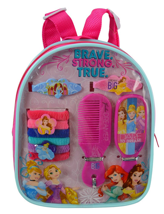 Small transparent princess-themed backpack with pink straps, inside containing colorful hair ties, a pink comb, and a small.