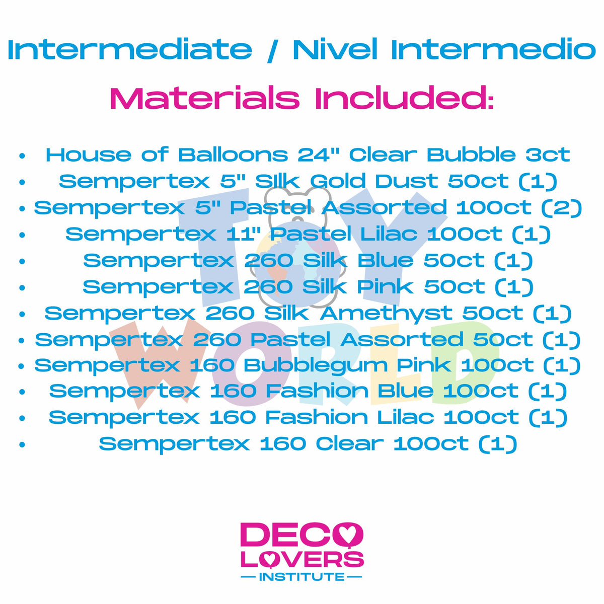 Blue and pink text list of materials included in Intermediate/Nivel Intermedio kit with white background.