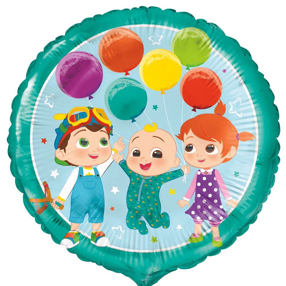 Round teal foil balloon featuring three cartoon children holding colorful balloons on a light blue background.