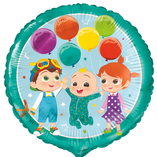 Round teal foil balloon featuring three cartoon children holding colorful balloons on a light blue background.