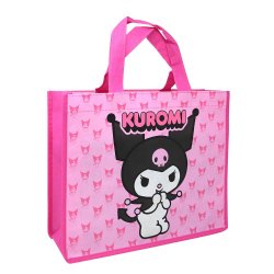 Pink non-woven tote bag with Kuromi character and skull design, pink handles, and repeating character pattern background.