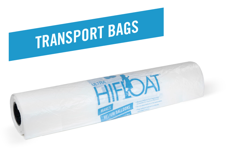 White cylindrical Hi-Float Endless Transport Bag roll with blue logo and text on packaging.