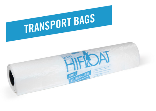 White cylindrical Hi-Float Endless Transport Bag roll with blue logo and text on packaging.