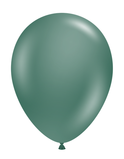 Matte green 11-inch latex balloon with smooth surface and rounded shape, tied at the bottom.