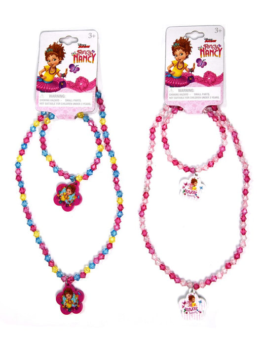 Two girls' necklace and bracelet sets featuring colorful beads and character pendants, one with a flower and the other with.