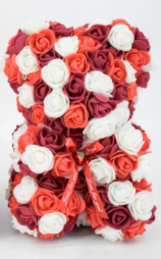 9.5in Red and White Mix Foam Rose Bear