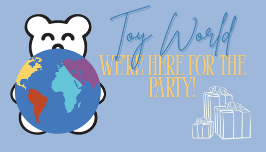 Blue and purple globe held by white bear illustration with "Toy World We're Here for the Party!" text and white gift box.