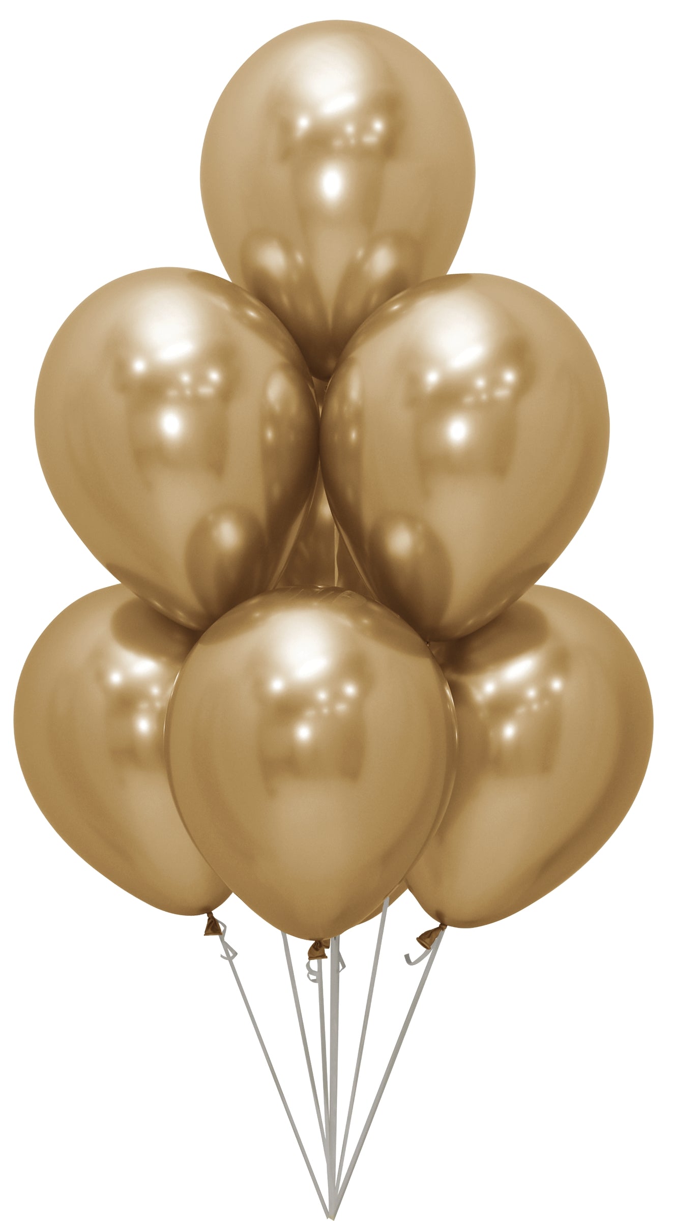 Cluster of seven shiny solid chrome gold latex balloons floating with white strings.