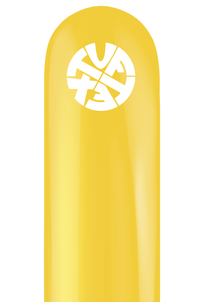 Single goldenrod yellow 260 latex balloon with white Tuftex logo printed near the neck.