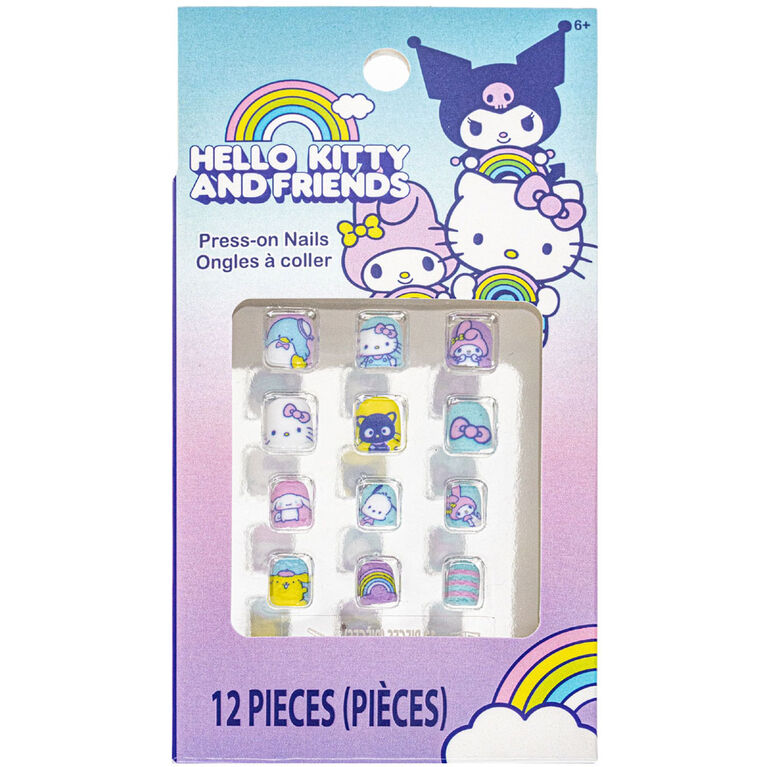 Hello Kitty and Friends 12-piece press-on nails set with colorful character designs in a pastel purple and blue box.