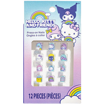 Hello Kitty and Friends 12-piece press-on nails set with colorful character designs in a pastel purple and blue box.