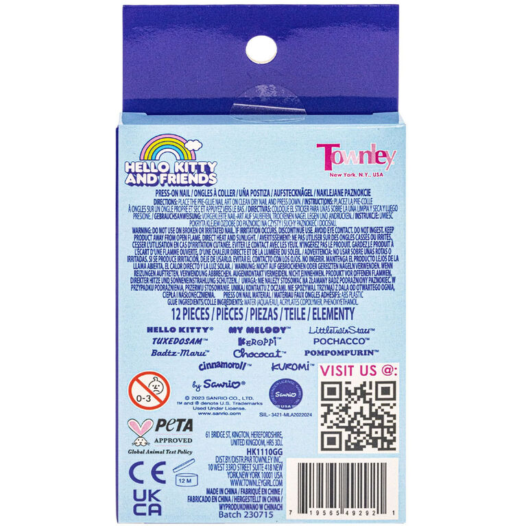 Blue and purple box of Hello Kitty and Friends 12-pack press-on nails with character designs and nail glue included.