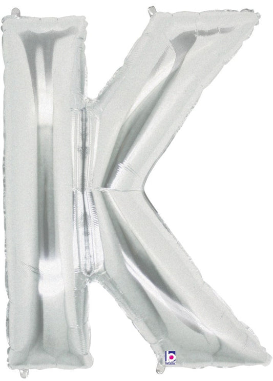 34-inch silver foil balloon shaped like the letter K with glossy metallic finish.