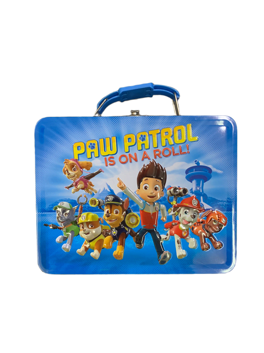 Blue rectangular metal lunch box with Paw Patrol characters and "Paw Patrol is on a roll!" text on the front, featuring a.