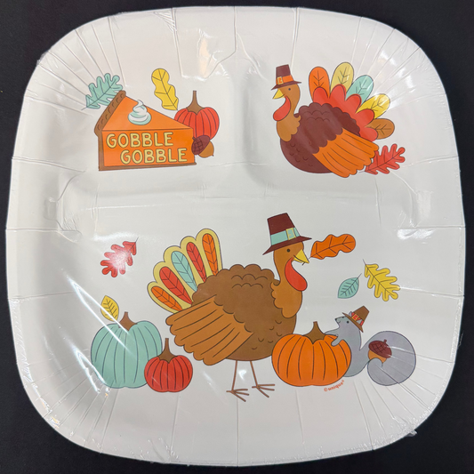 Playful Turkey 8.5 inch x 9.25 inch Divided Paper Plates 8ct
