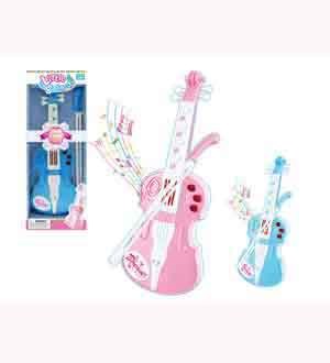 Pink and blue plastic toy violins with white accents and colorful decorative stickers, accompanied by matching bows.