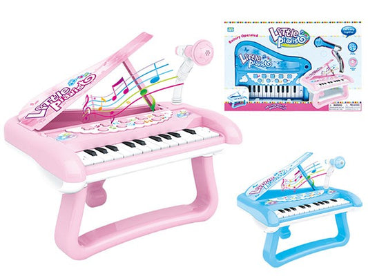 Pink and blue children's keyboard play set with microphone and music notes decoration.