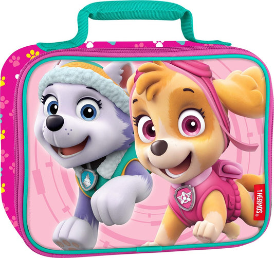 Pink rectangular lunch bag with teal handle, featuring Paw Patrol characters Skye and Everest on the front.