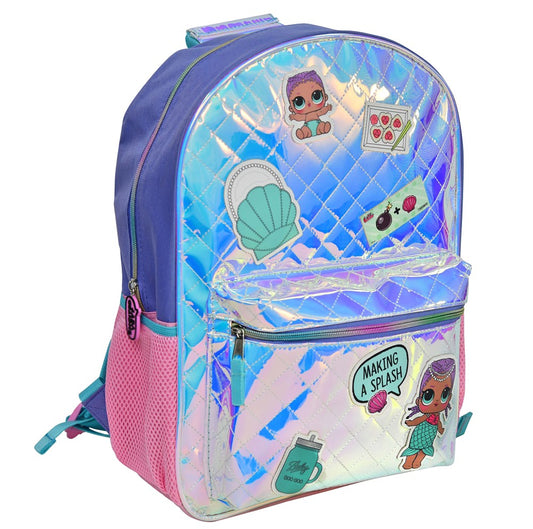 Holographic purple 16in backpack with quilted front, pink mesh side pocket, and colorful LOL Surprise character patches.