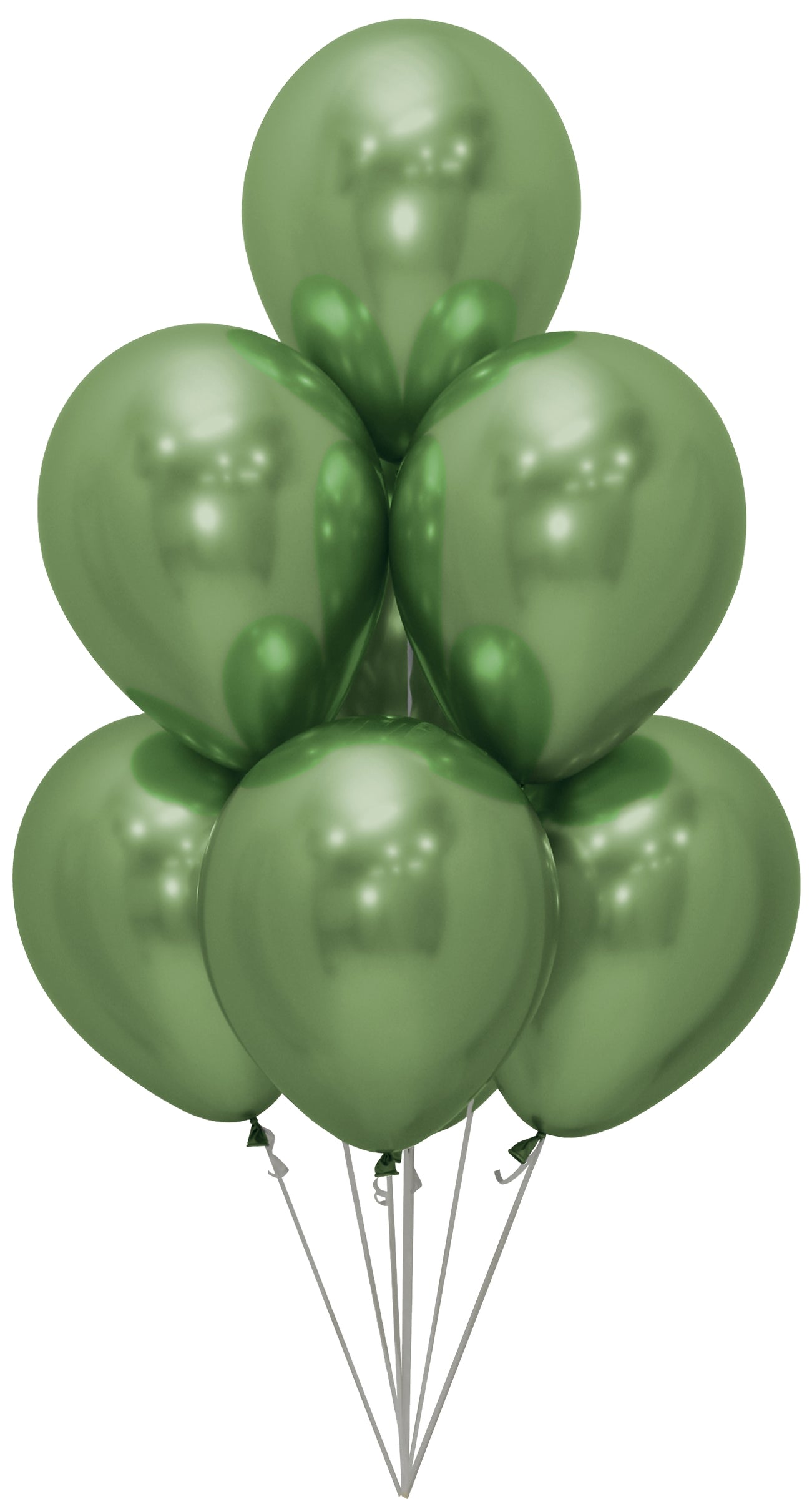 Glossy solid chrome latex balloons in metallic green with helium, tied together in a bouquet.