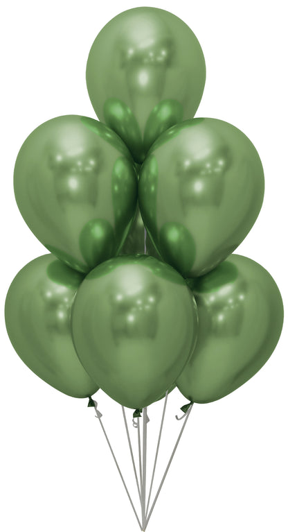 Glossy solid chrome latex balloons in metallic green with helium, tied together in a bouquet.