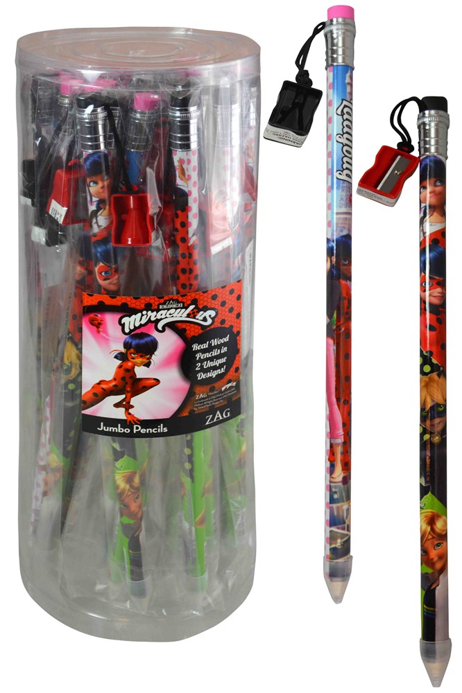Set of Miraculous Ladybug 15-inch jumbo pencils with pink erasers and attached red and black sharpeners in clear cylindrical