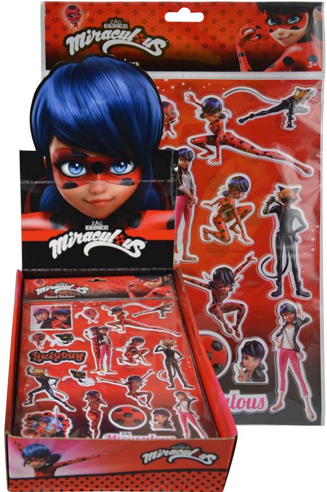 Red and black Miraculous Ladybug raised stickers featuring characters in dynamic poses on a red polka-dot background.