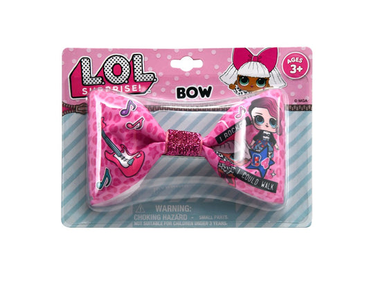 Pink satin hair bow with shiny finish, featuring colorful LOL Surprise character prints and glitter accents, packaged on a.