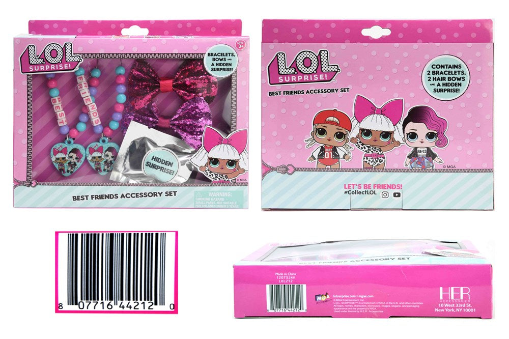 Pink-themed LOL Surprise BFF accessory set with heart-shaped sunglasses, bracelet, ring, and bow hair clip in clear plastic.