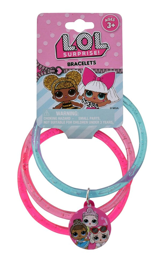 Set of three colorful glitter bangles in pink and blue with a round LOL Surprise charm featuring cartoon characters.