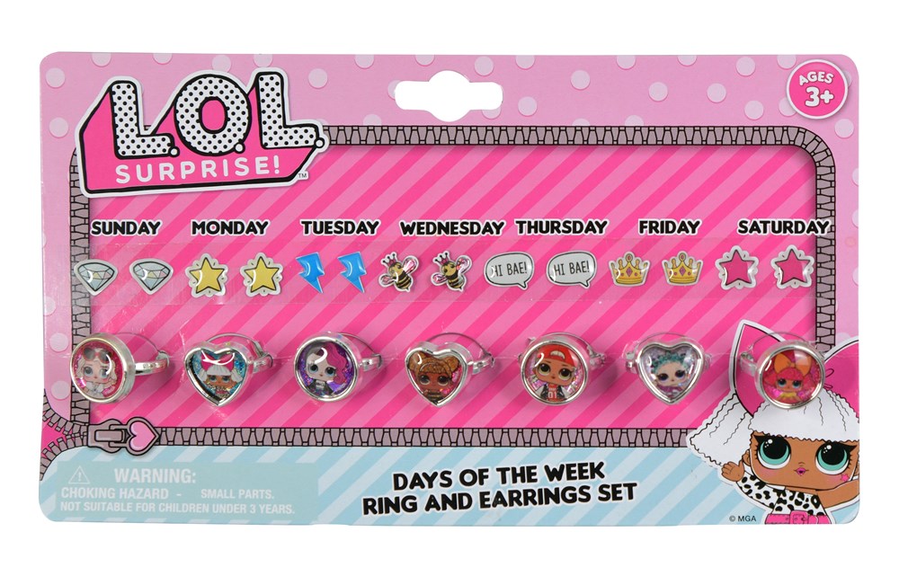 Pink card backing holding a set of seven colorful plastic rings and matching stud earrings featuring LOL Surprise characters