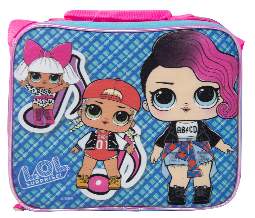 Blue rectangular lunch bag with pink trim featuring three colorful LOL Surprise characters and a zip closure.