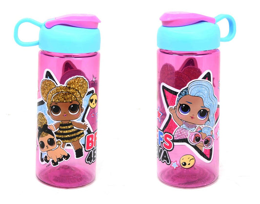 Pink 16.5oz plastic water bottle with blue flip-top lid and loop handle, decorated with colorful LOL Surprise doll stickers.